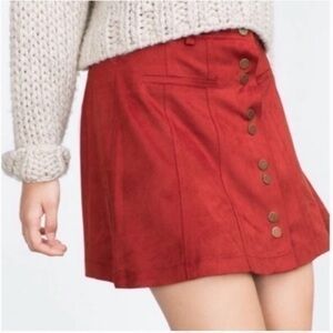 Zara Trafaluc Faux Suede Button Front Mini Skirt Women Size Small Orange/Red